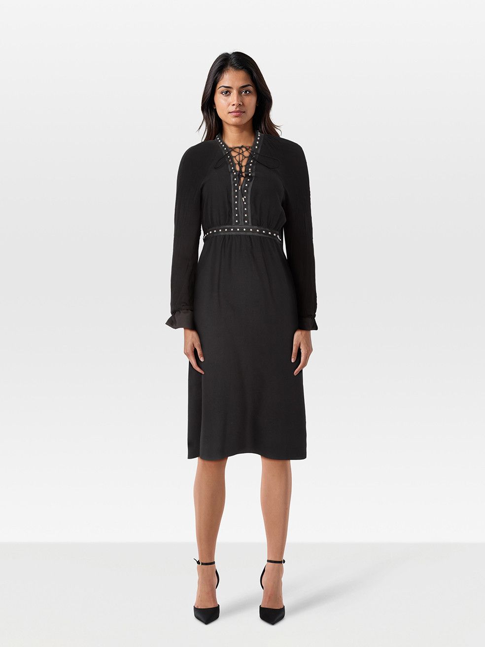 Black Embellished Tie Neck Knee Length Dress