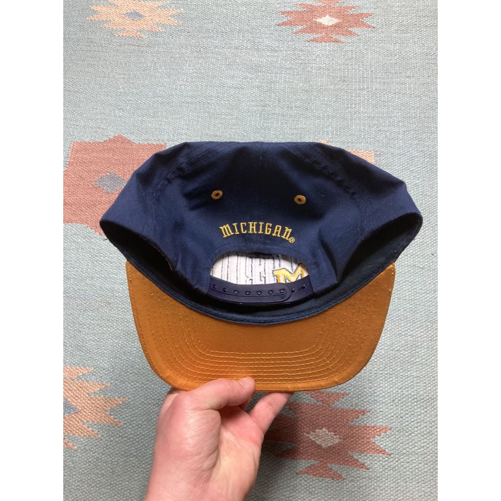 NCAA VINTAGE 90s SnapBack hat cap university of Michigan Wolverines spell out NCAA Men Adjustable Blue Hat Size ONE SIZE - 4 Thumbnail