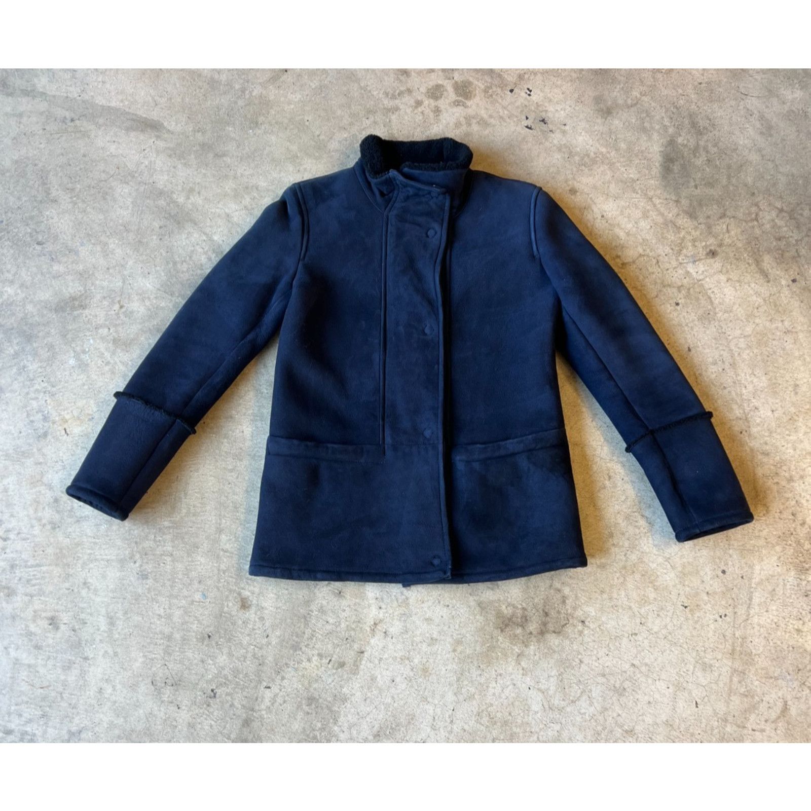 Saks Fifth Avenue Luxury Spanish Shearling Walker Stand Collar Navy Coat - XS Size XS / US 0-2 / IT 36-38 - 2 Thumbnail