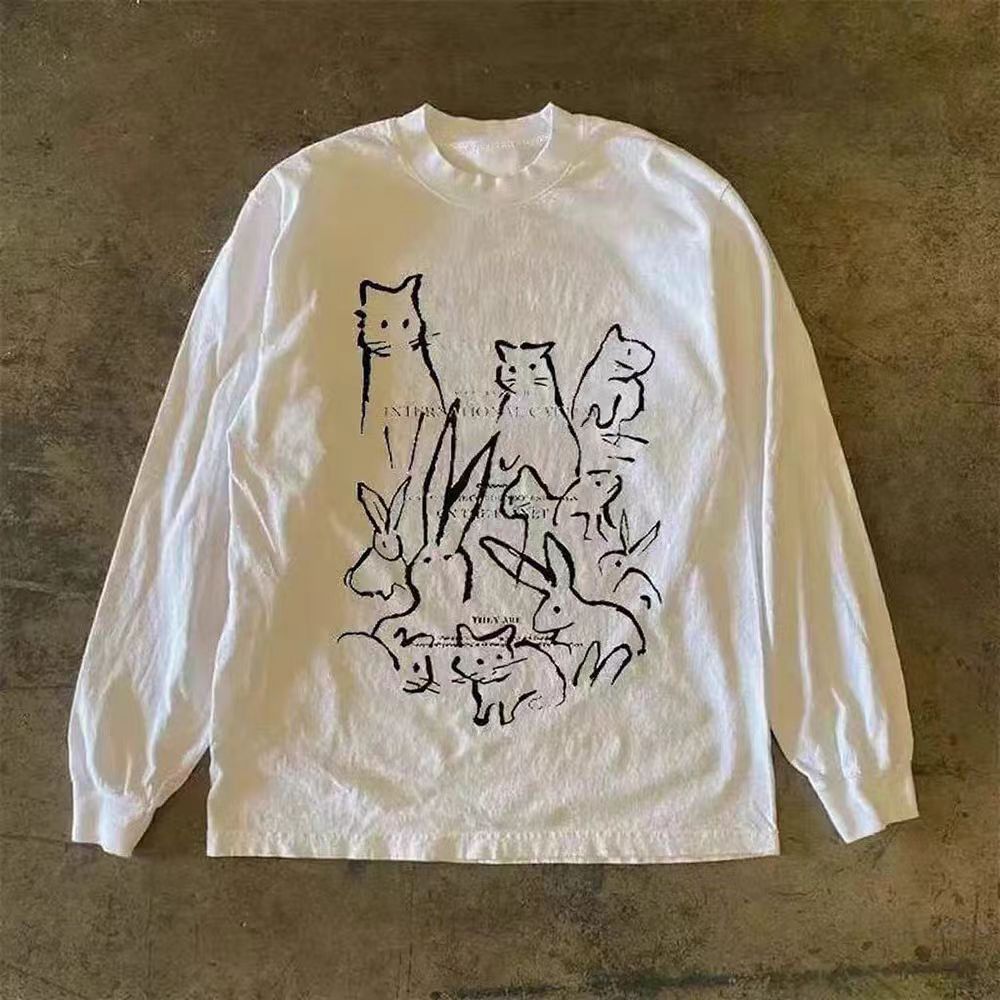 Japanese Brand White casual retro cat print long-sleeved t-shirt Size US M / EU 48-50 / 2 - 1 Thumbnail