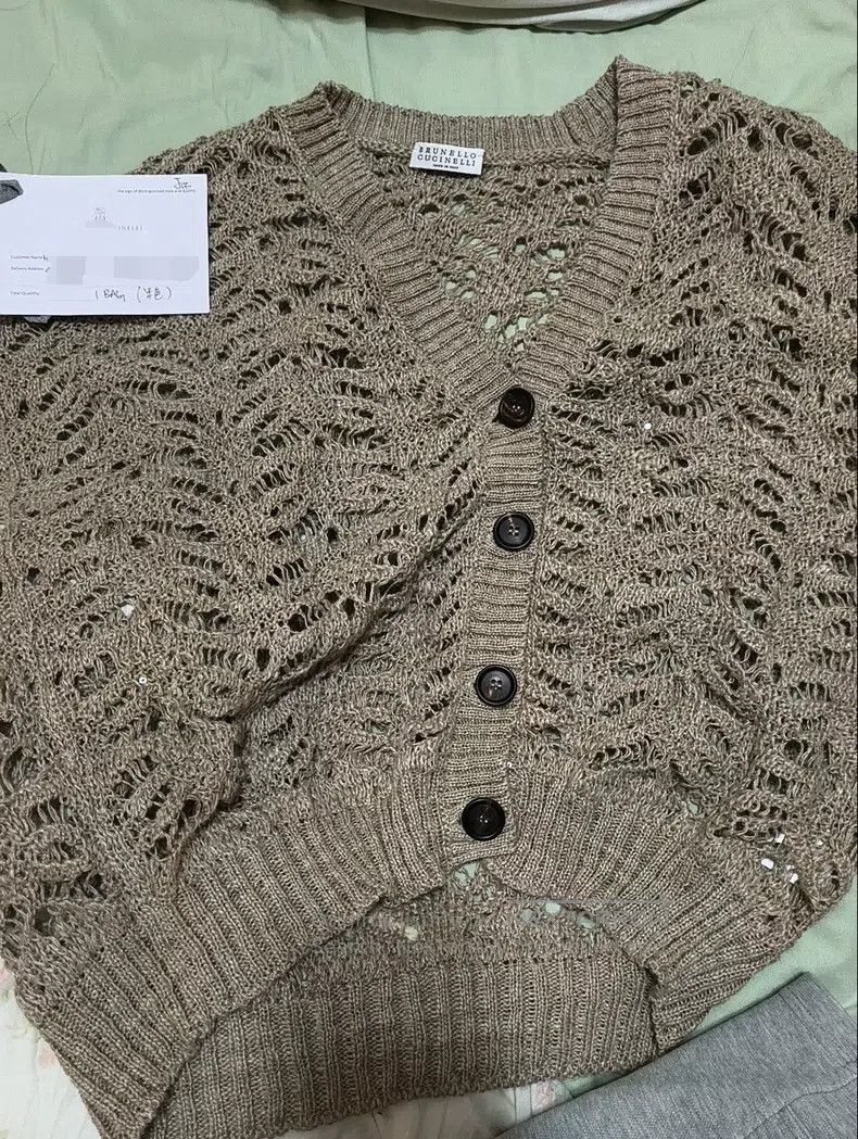 Brunello Cucinelli Lace Design Knit Cardigan, Beige Gray