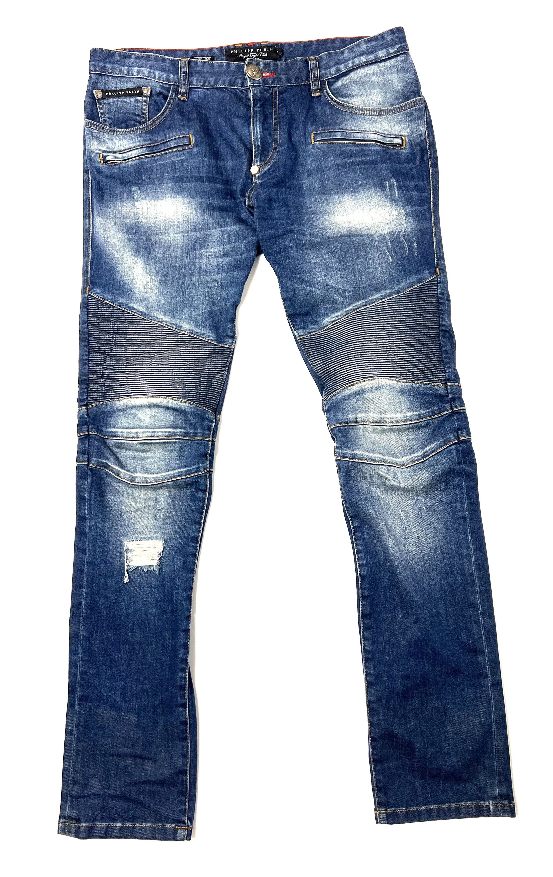 image of Philipp Plein Fw15 Ilegal Fight Club Blue Denim Biker Jeans, Men's (Size 32)