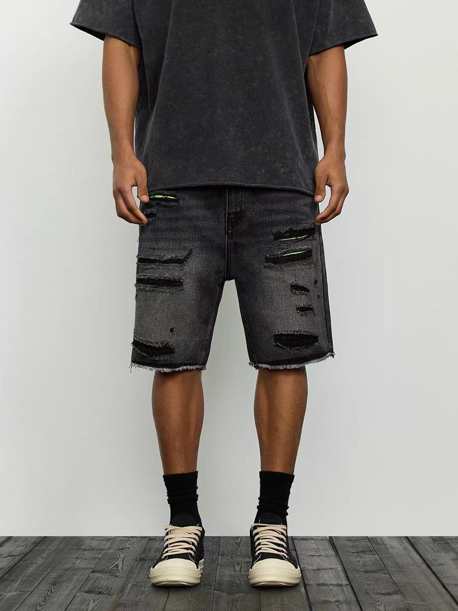 High street ripped patchwork raw edge heavyweight jeans