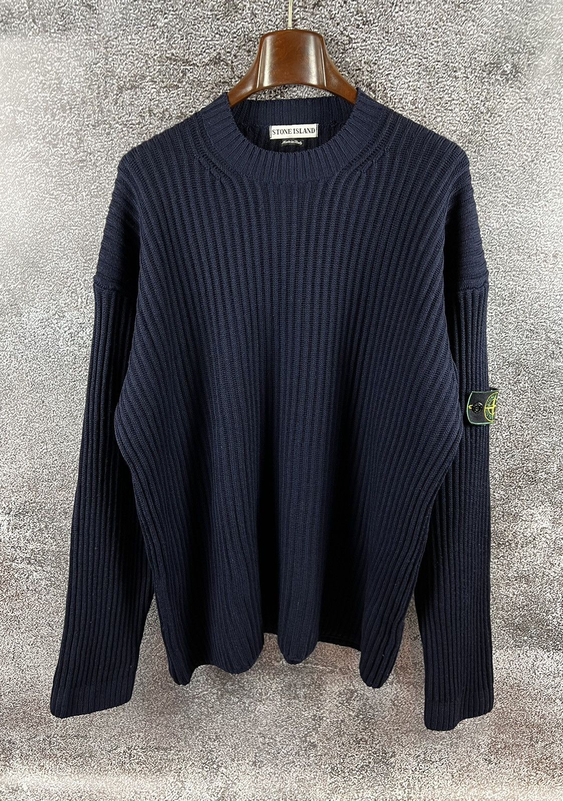 image of 90's Vintage Stone Island Wool Green Badge 100% Wool Jumper in Navy, Men's (Size 2XL)