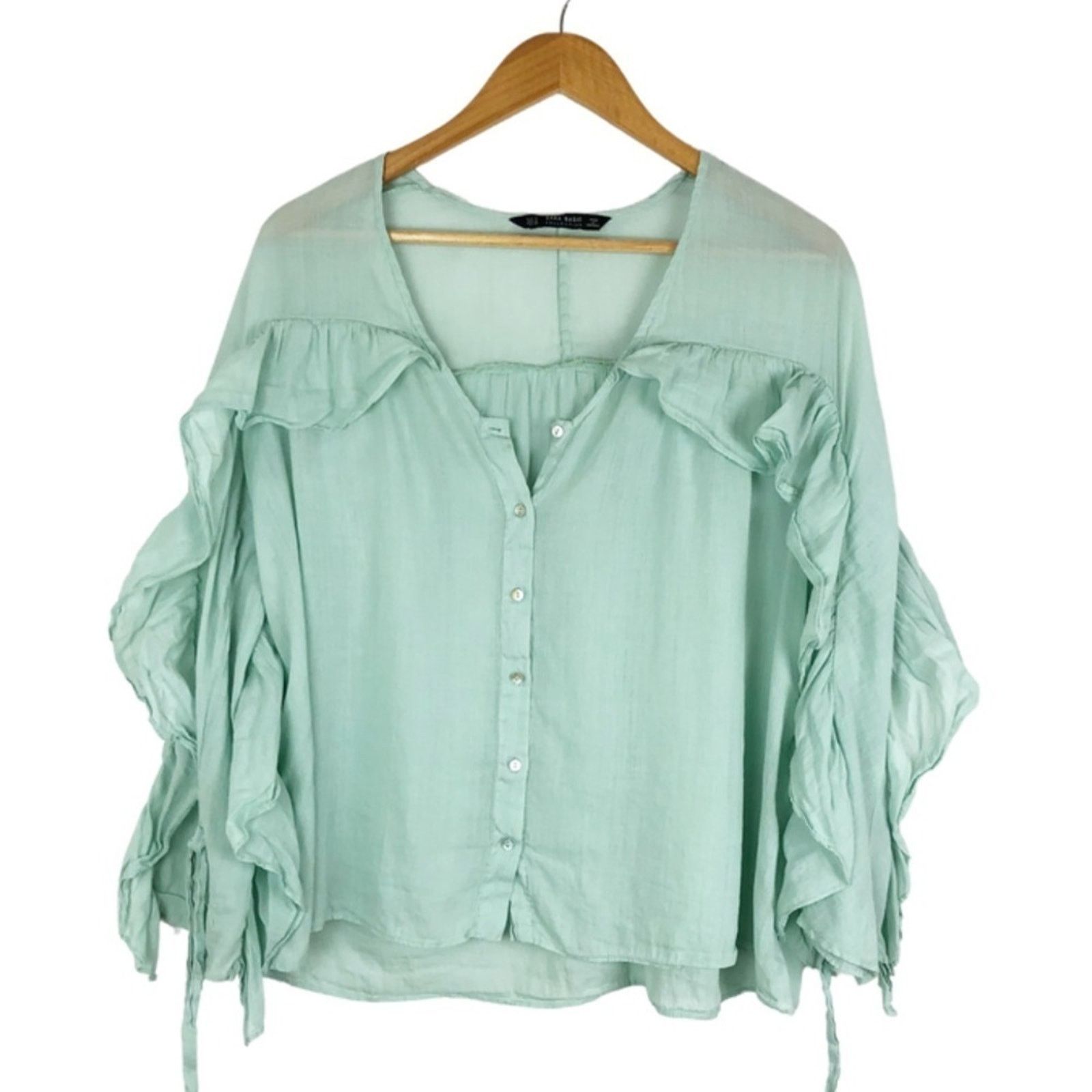 Zara Zara Women’s Basic Sage Ruffle Feminine Blouse Size M / US 6-8 / IT 42-44 - 3 Thumbnail