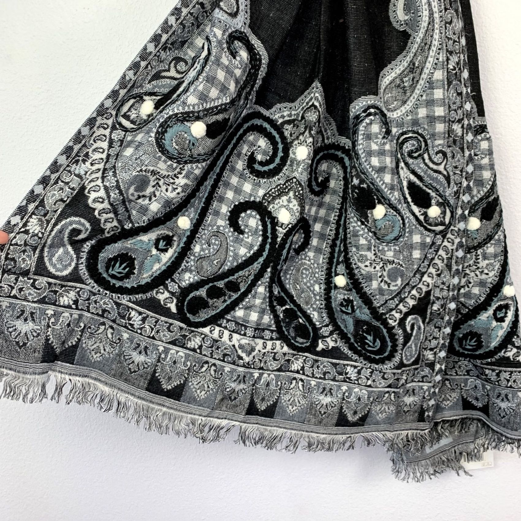 Vintage Shiraleah Chicago Maren Paisley Scarf Wrap Shawl Black Gray Blue Pom-Poms Fringe Women 75 in 28 in Knit Acrylic Modal Lightweight Hand Wash Only N/A Size ONE SIZE - 3 Thumbnail