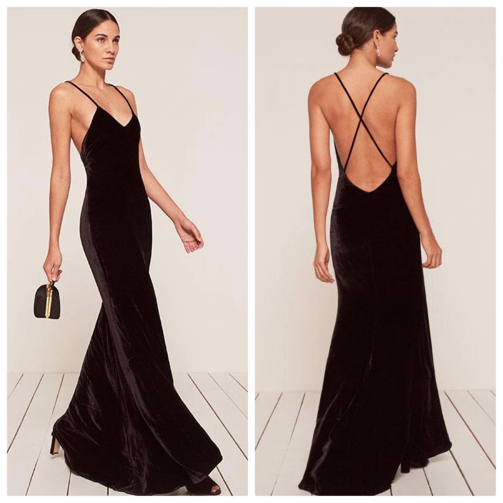image of Reformation Rimini Spaghetti Strap Dress Black Velvet, Women's (Size XS)