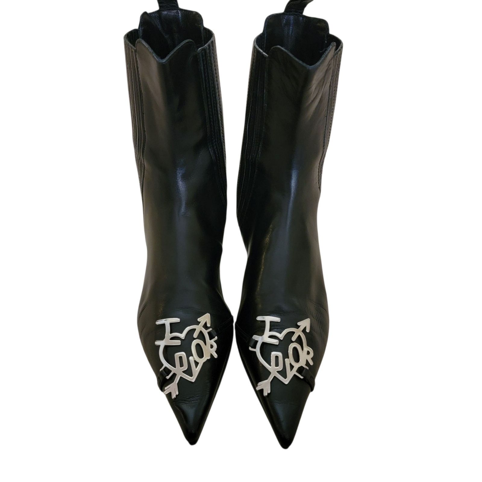 Vintage Dior Galliano Black Leather Metal Toe Boots 36