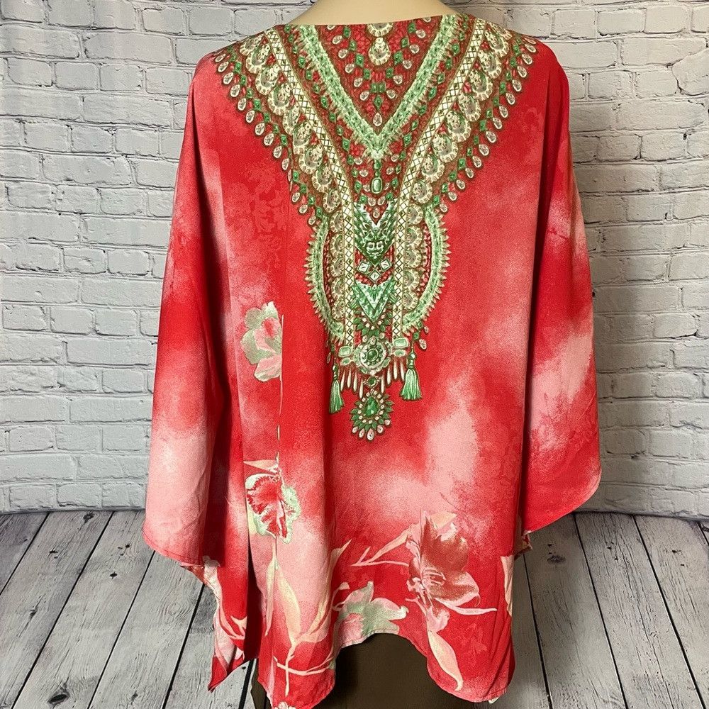 Other New Belle by Kim Gravel Printed V-Neck Lace-Up Red Poncho S Size XXL / US 16-18 / IT 52-54 - 5 Thumbnail