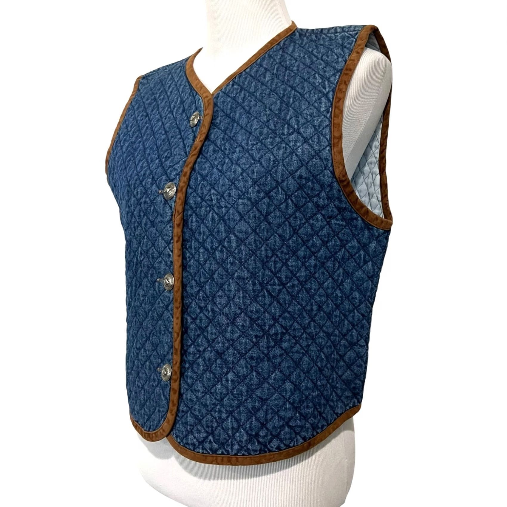 Denime Signature by Jerell Vintage Womens Denim Diamond Quilted Vest Blue Brown Trim Cotton Made USA Sz L Size L / US 10 / IT 46 - 4 Thumbnail