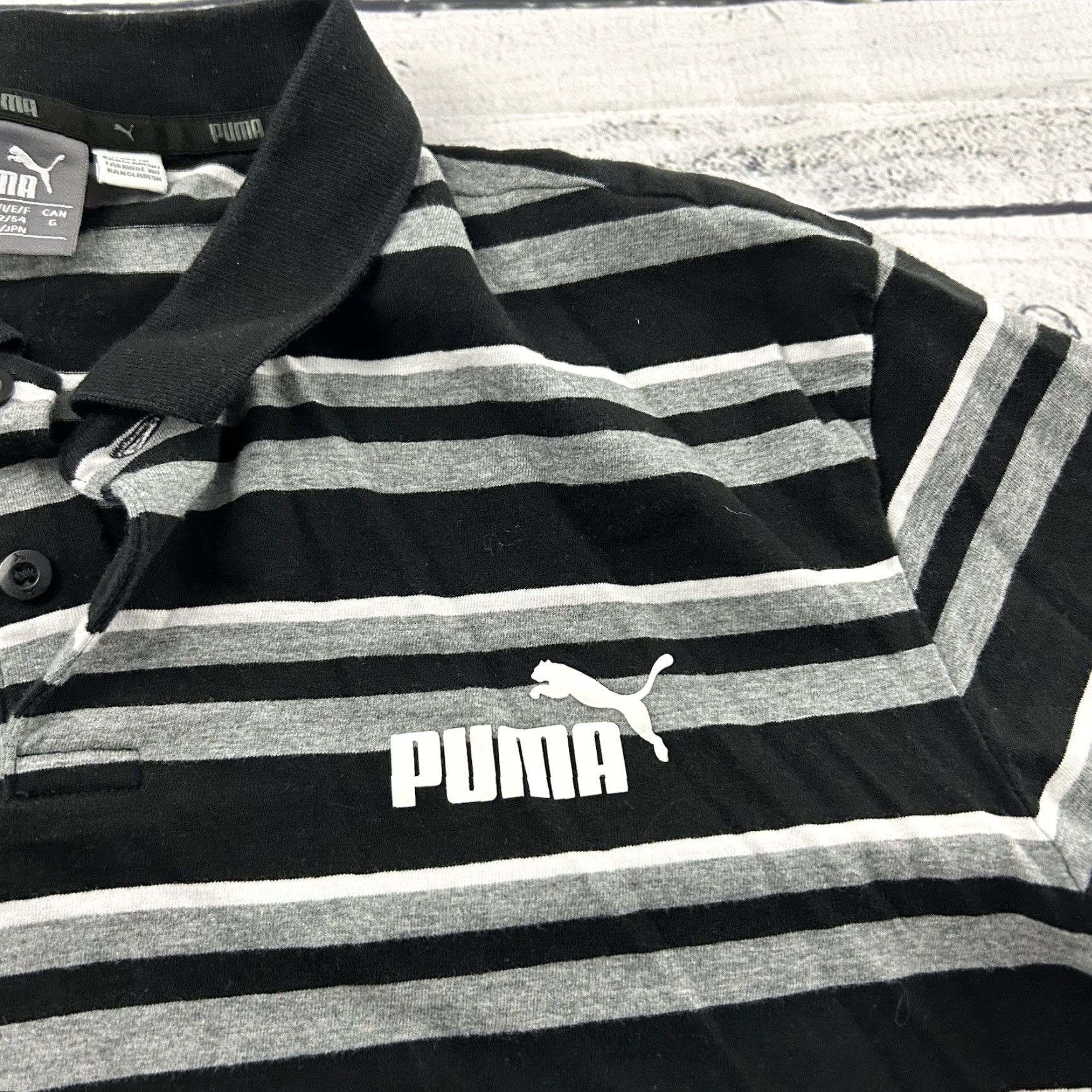 Puma PUMA Striped Short Sleeve Button Front Polo Shirt Men's L Black Gray Size US L / EU 52-54 / 3 - 4 Thumbnail