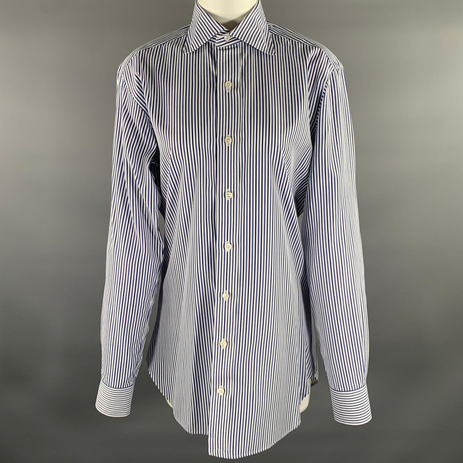Hamilton HAMILTON S White Blue Navy Stripe Cotton Spread Collar Shirt Size US S / EU 44-46 / 1 - 1 Thumbnail