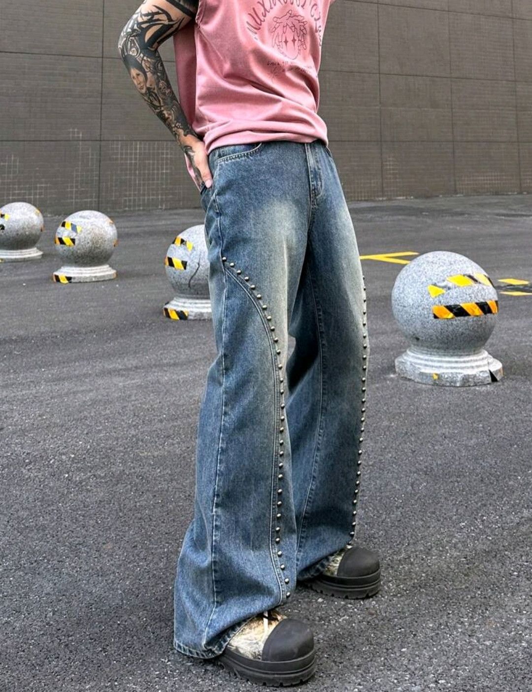 Vintage Street Style Retro Washed Metal Stud Flared Jeans