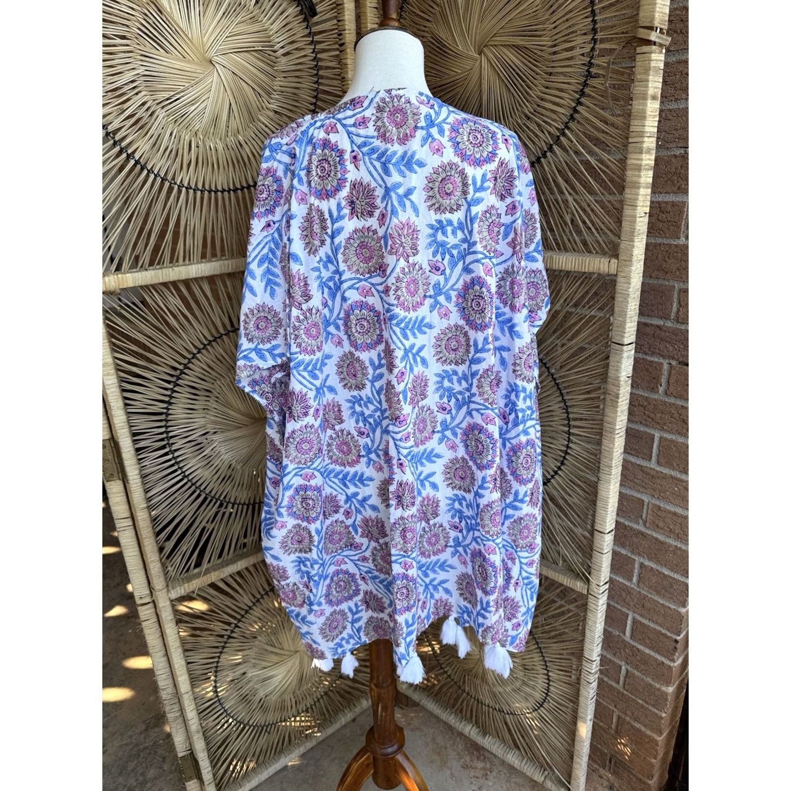 J.Crew J.CREW Boho Kimono Cover Up Floral Beach S/M White 100% Cotton Tassel Trim Open Front Womens Medium Size M / US 6-8 / IT 42-44 - 8 Thumbnail