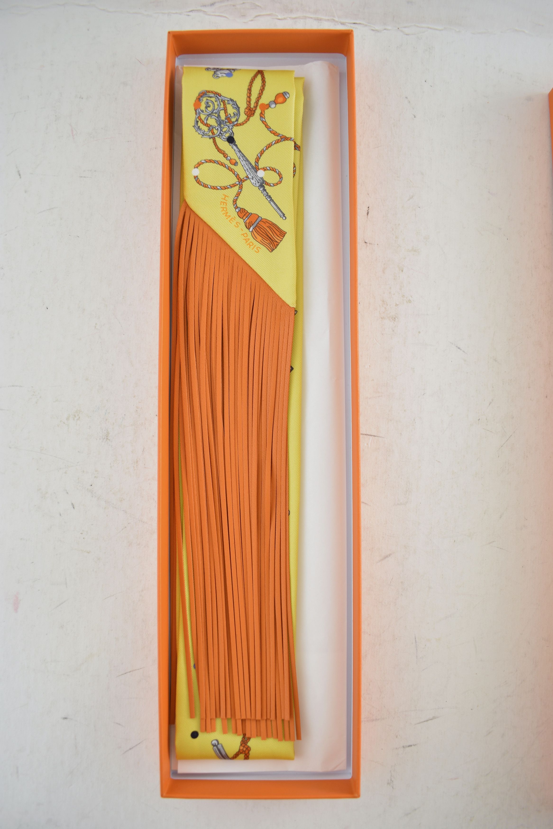 Hermes Scarf Twilly Fringe Leather Les Cles A Pois Jaune Argent Vif Size ONE SIZE - 4 Thumbnail