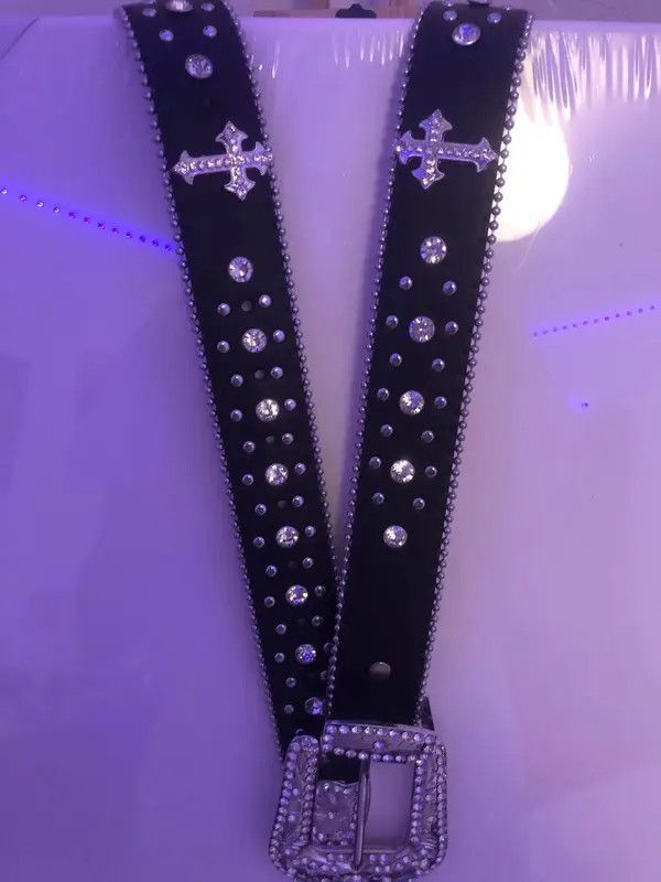 Leather Black Cross Rivet Belt Engraved Buckle Rhinestone PU Belt Size ONE SIZE - 6 Thumbnail