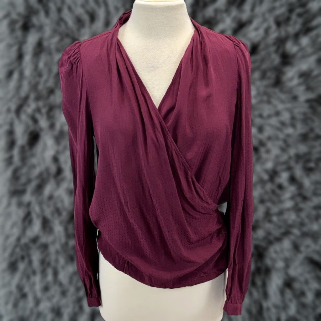 Vintage Sezane Abelia Blouse Wrap Around Long Sleeve Top Burgundy Secretary Size 36 US 6 Slim Viscose Floral Knit Womens Shirt Size XS / US 0-2 / IT 36-38 - 1 Thumbnail