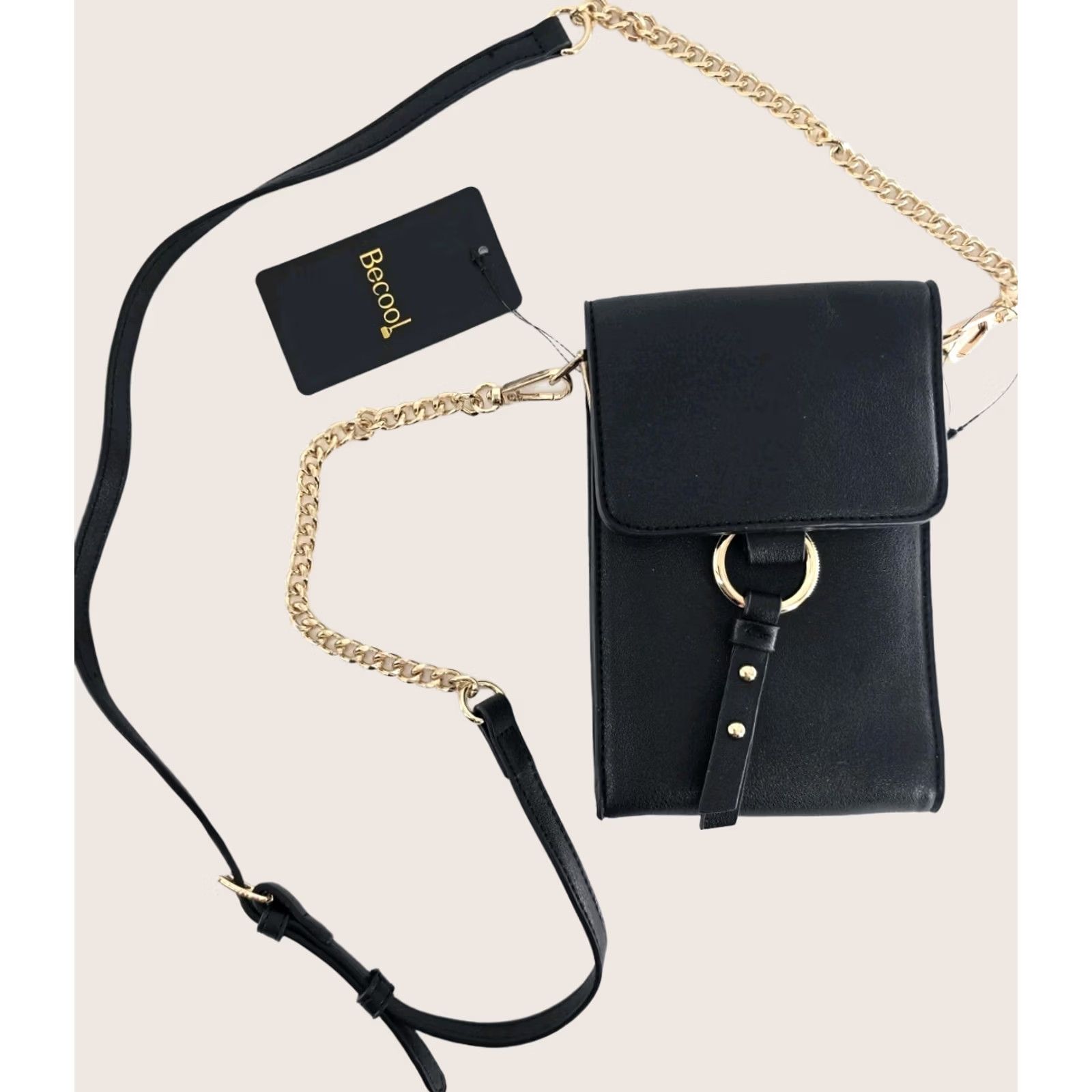 Vintage Becool Crossbody Bag Black Brass Ring Ring Phone Case Clutch Mini NWT Leather Faux Leather Detachable Strap Womens Size ONE SIZE - 1 Thumbnail