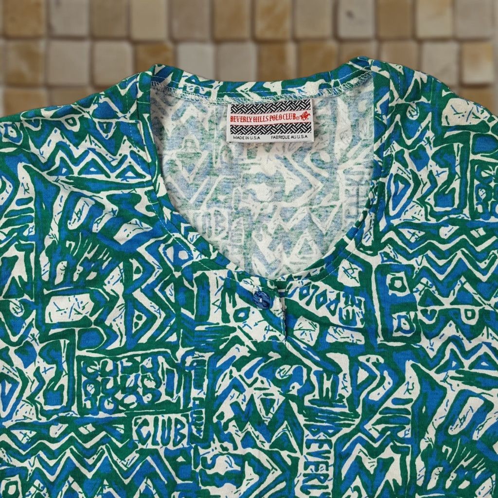 Beverly Hills Polo Club VTG 90s Aztec Teal Womens Medium Henley T Shirt Top Camp Tribal Beach Small Details: New with Tags Size M / US 6-8 / IT 42-44 - 1 Thumbnail