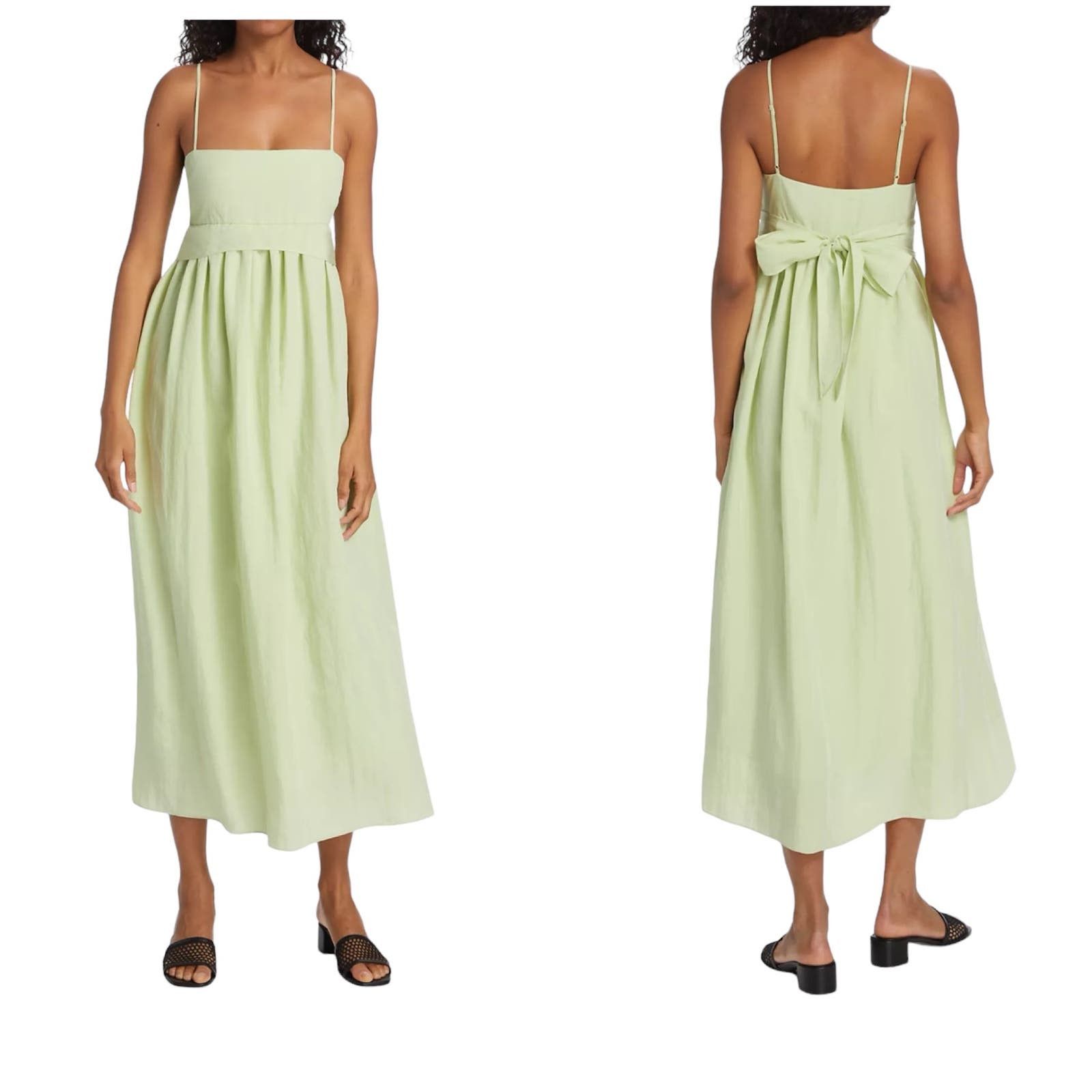 image of Vince Sweet Grass Green Bow-Back Pleated Midi Dress Medium, Women's