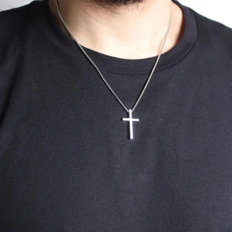 Jewelry Silver Cross Pendant with Box Chain Necklace Size ONE SIZE - 2 Thumbnail