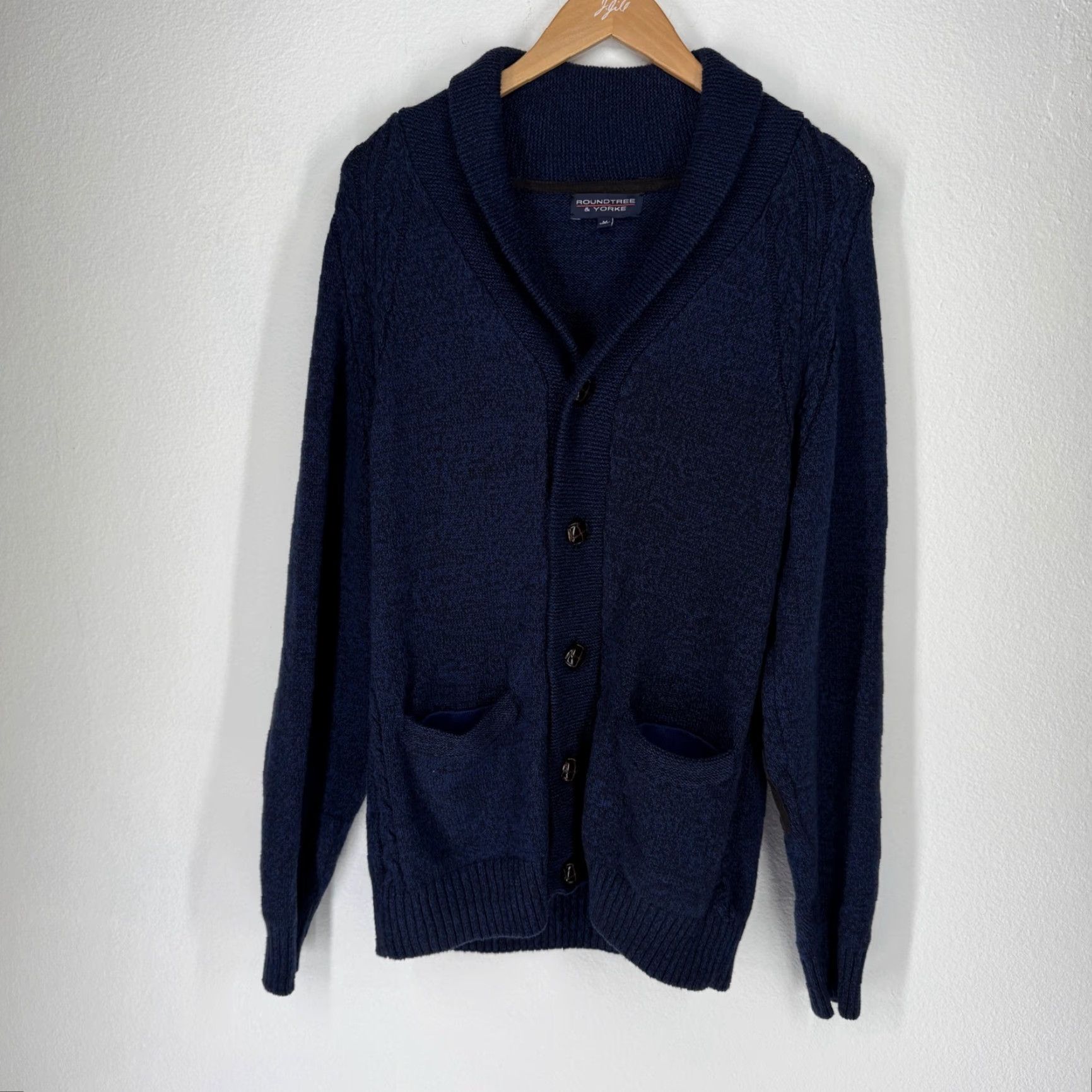 Roundtree & Yorke Men Cable Knit Fisherman Cardigan Sweater Shawl Collar Elbow Patch Button Blue M Size US M / EU 48-50 / 2 - 5 Thumbnail
