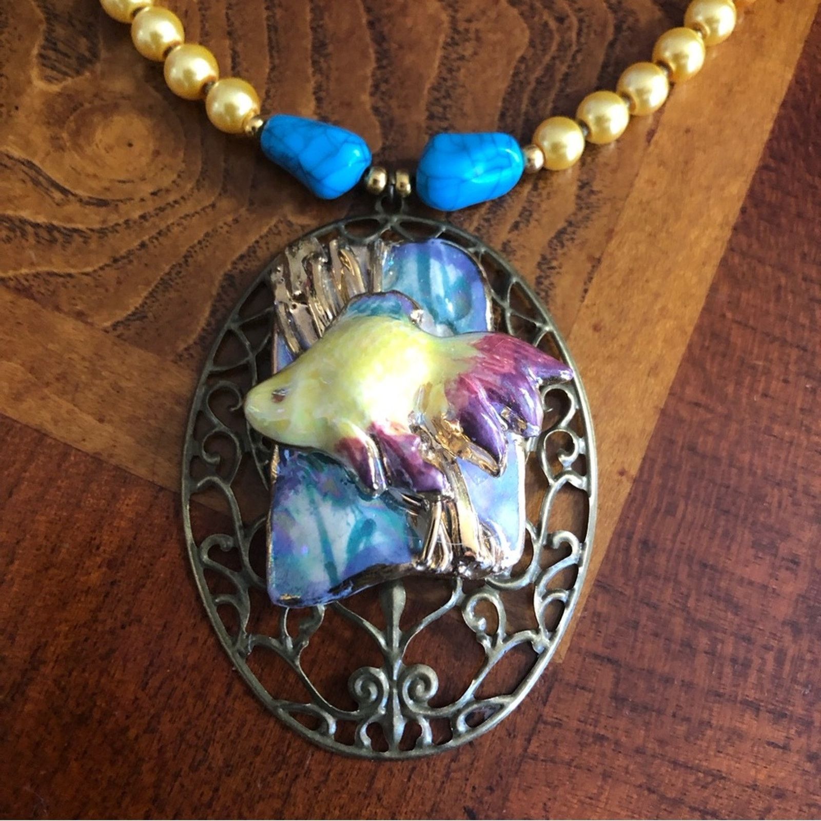 Handmade Handcrafted repurpose ceramic fish filigree Pearl necklace Size ONE SIZE - 11 Thumbnail