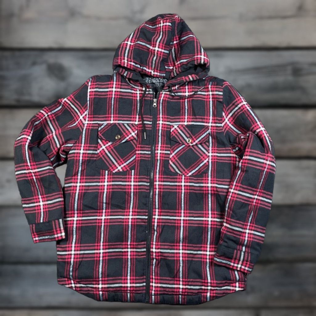 Vintage Stone Mountain Workwear Quilted Zip Hooded Flannel Shirt Jacket Large Red Black Plaid Jacket Adult Size US L / EU 52-54 / 3 - 1 Thumbnail