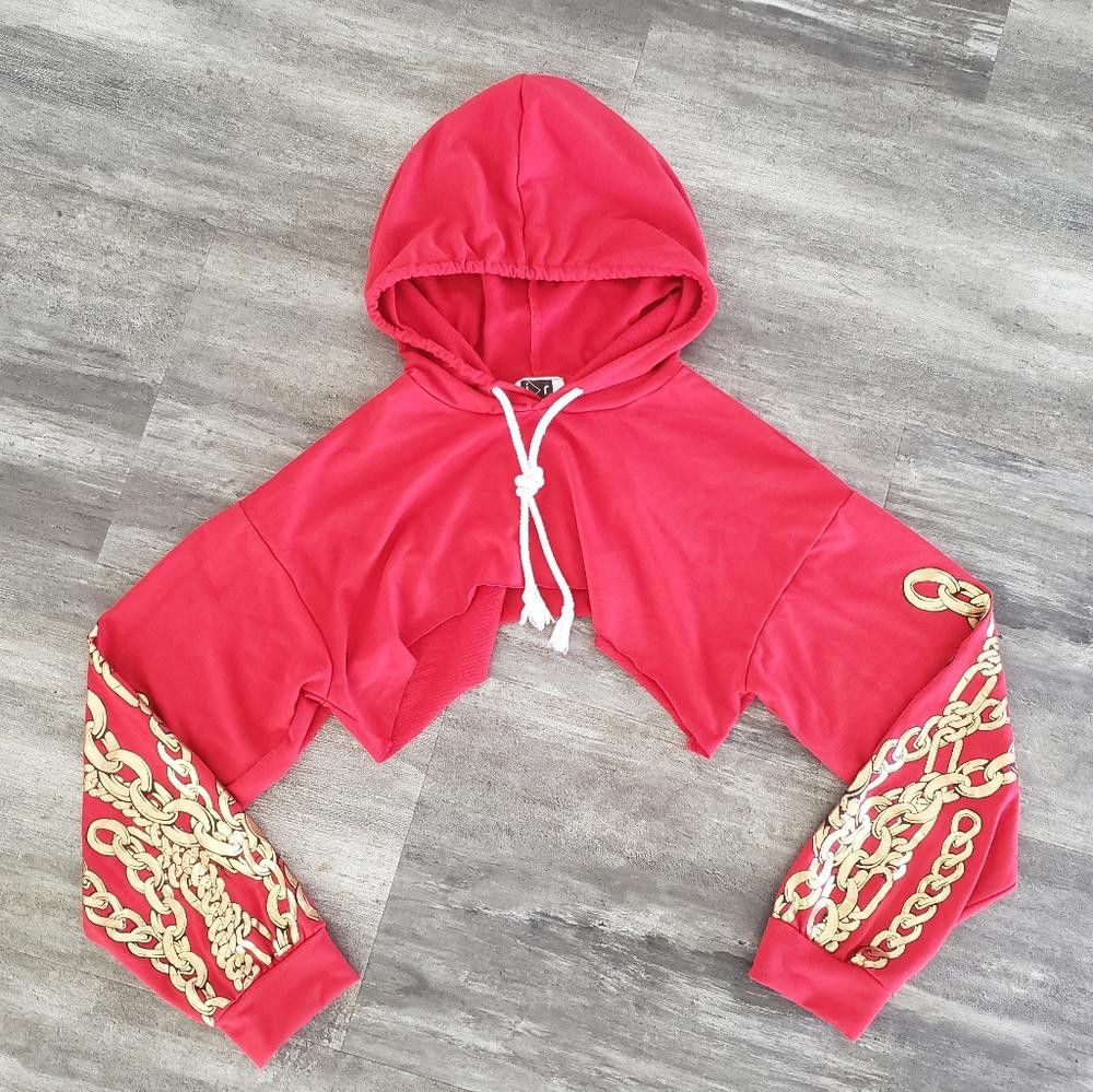 Designer Red Gold Chained Cropped Hoodie Long Sleeve Size S / US 4 / IT 40 - 1 Thumbnail