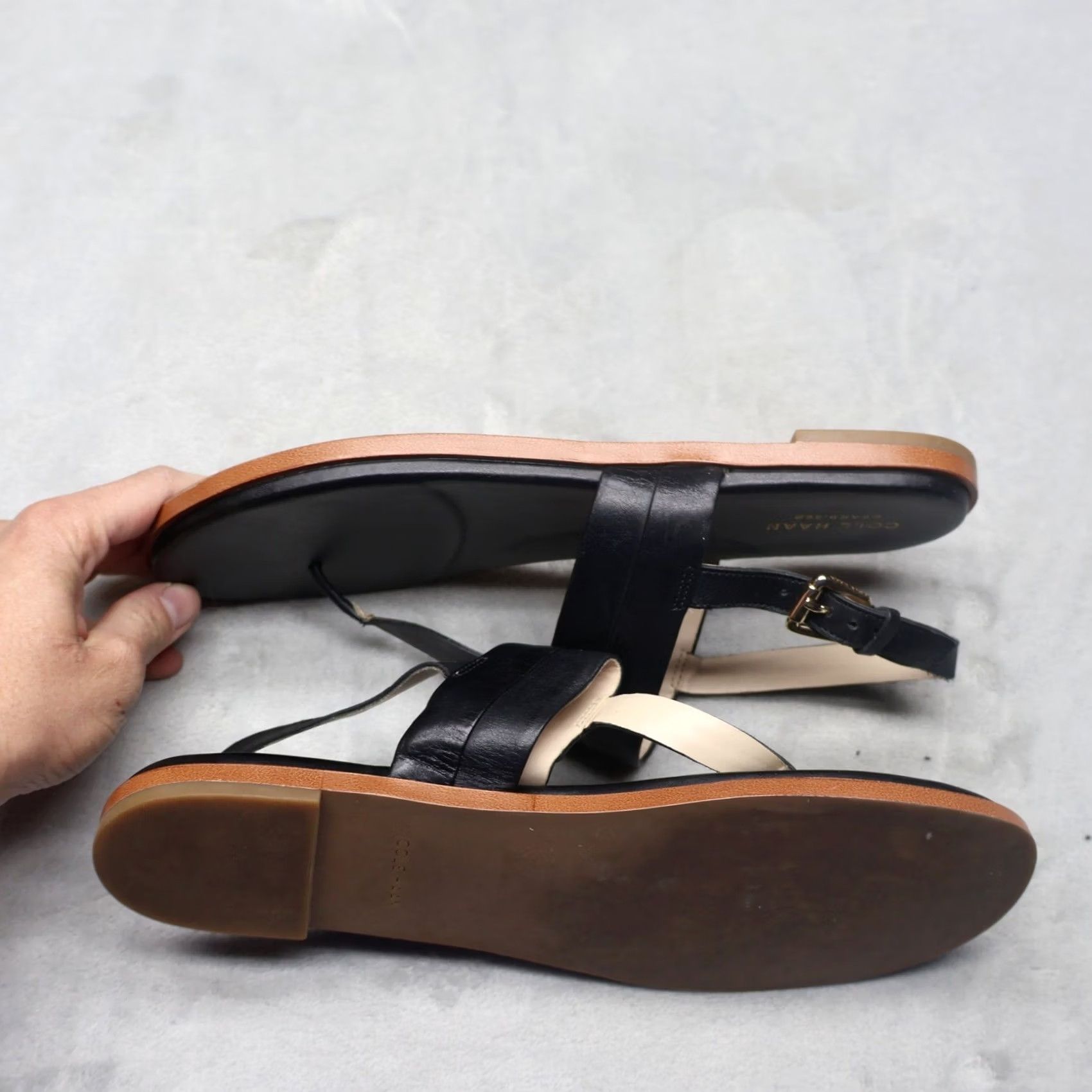 Cole Haan Cole Haan Women Sandals Black Leather T-Strap Buckle Flat Summer 9.5B Size US 10 / IT 40 - 3 Thumbnail