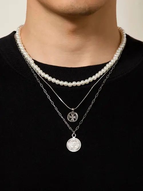 Jewelry Retro Punk Vintage Stainless Steel Pearl Necklace Chain Size ONE SIZE - 4 Thumbnail