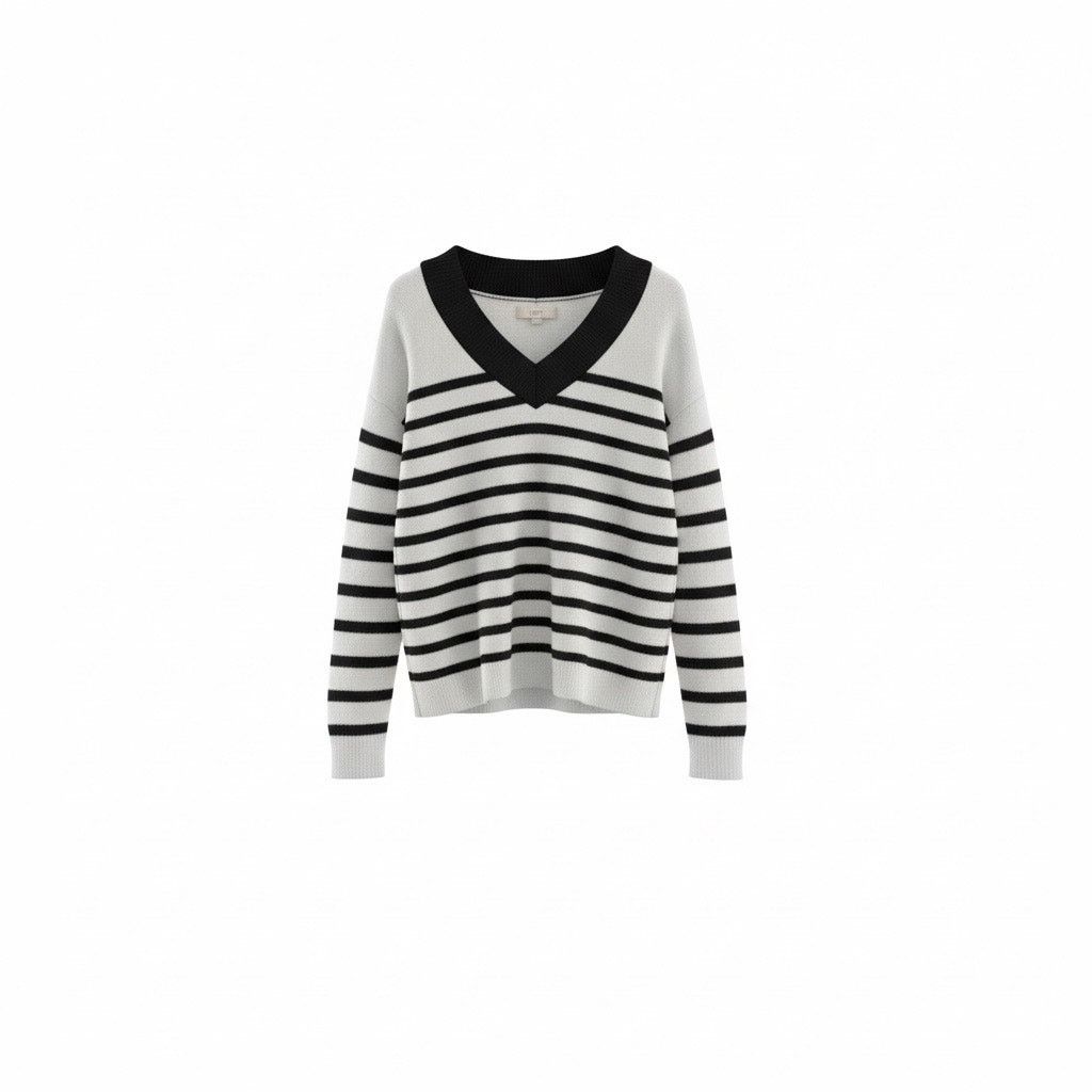 Loft LOFT Black White Striped Sweater Small V Neck Long Sleeve Size S / US 4 / IT 40 - 1 Thumbnail