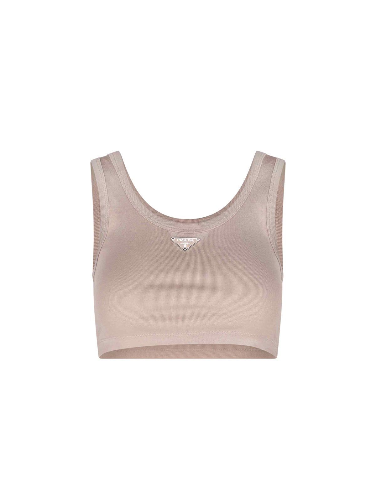 image of Prada Logo Cotton Top Size 42 in Beige, Women's