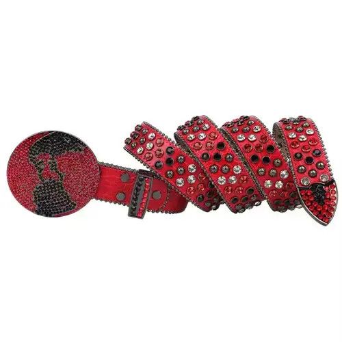Japanese Brand × Vintage y2k red studded rhinestone leather belt Size 36 - 1 Thumbnail