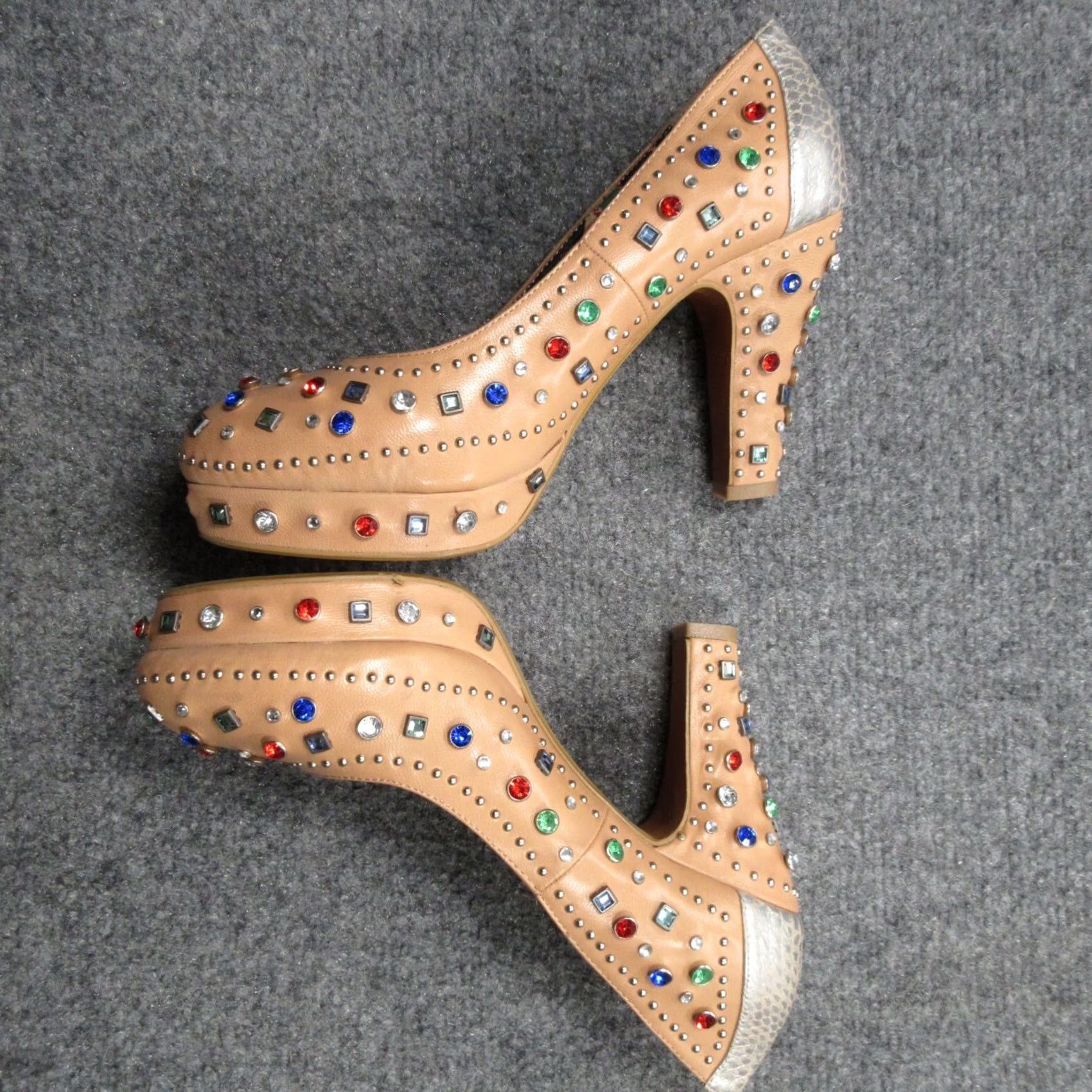 Vintage Miss L'Fire Showgirl Sandal Womens 9 Beige Leather Studded Rhinestone Slip-On Block Heel Shoes 40 Size US 9 / IT 39 - 6 Thumbnail