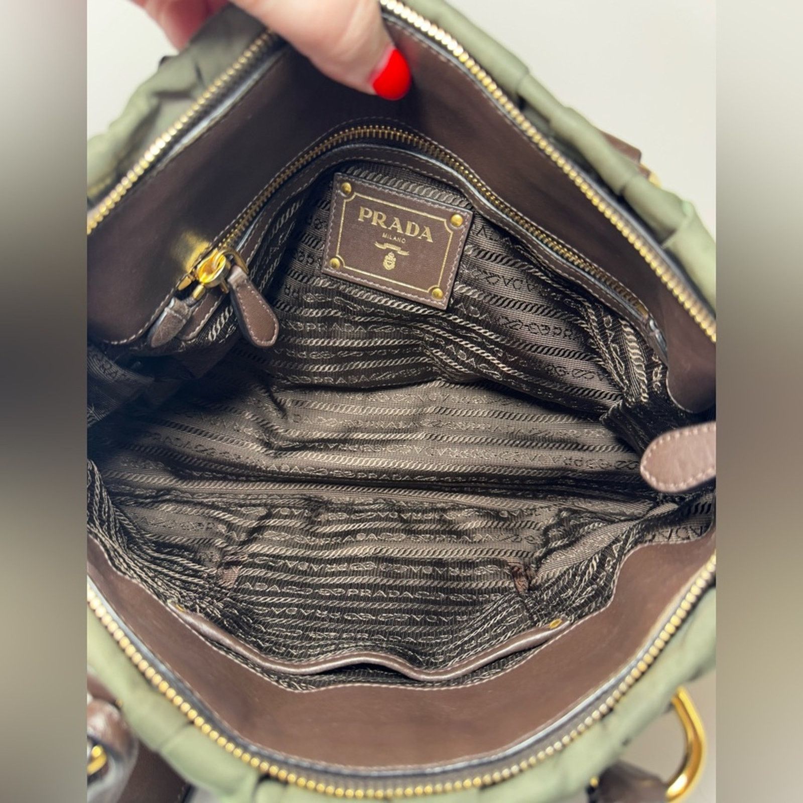 Prada Prada Tessuto Gaufre Olive Green & Brown Leather Satchel Size ONE SIZE - 3 Thumbnail