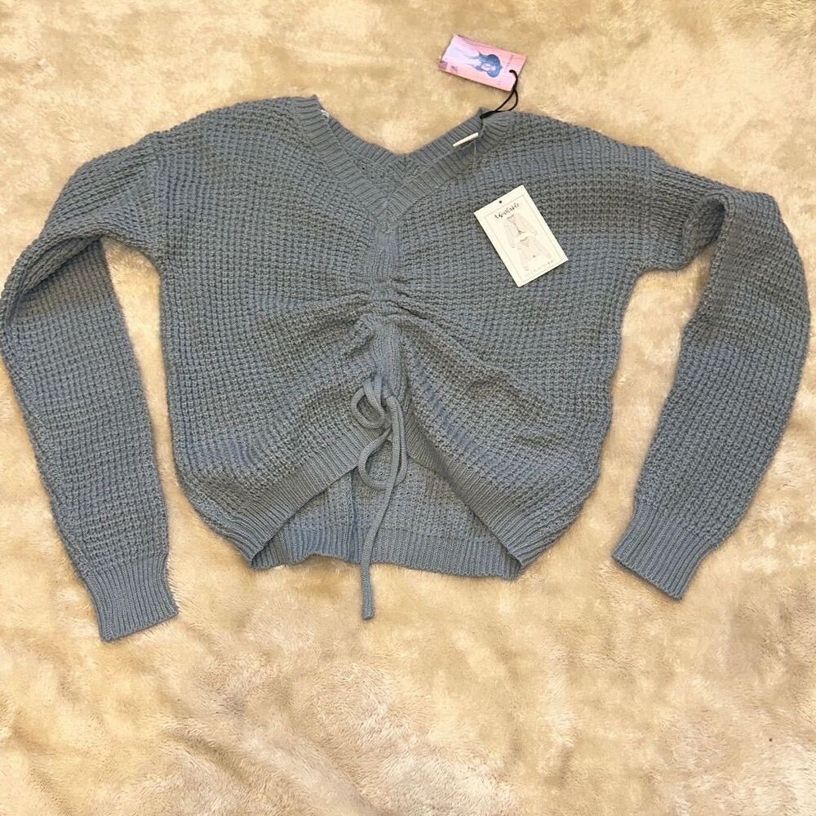 Other Sincerely Jules Blue Waffle Knit V-Neck Sweater | Sz S, NWT Size S / US 4 / IT 40 - 2 Thumbnail