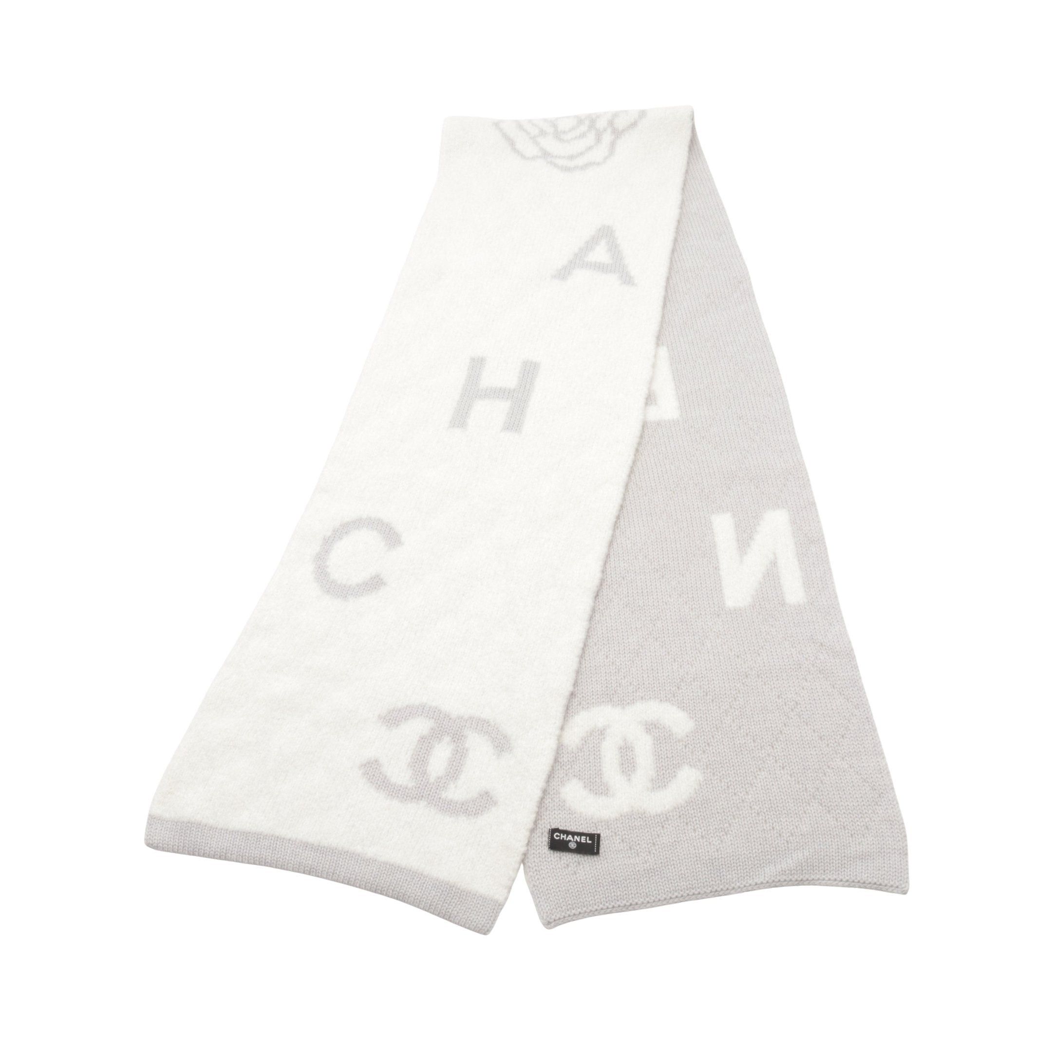 Chanel Chanel Coco Mark Camellia Scarf Logo Wool Cashmere Silk White Gray Size ONE SIZE - 1 Thumbnail
