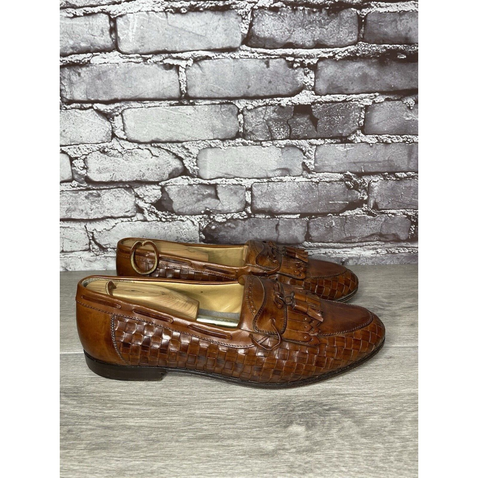 Johnston & Murphy Johnston & Murphy Brown Leather Woven Kiltie Tassel Loafers Size US 12 / EU 45 - 1 Thumbnail
