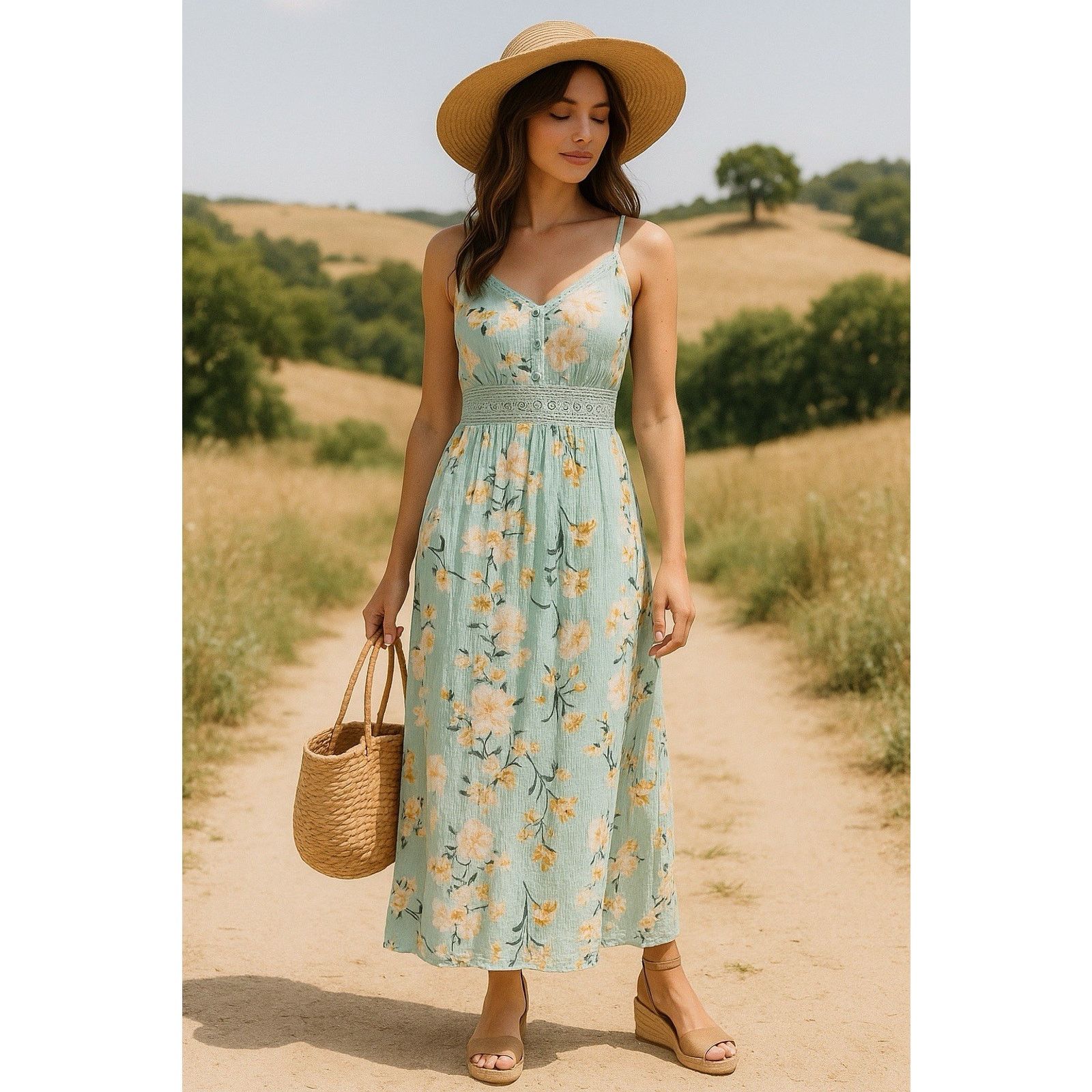 Forever 21 Forever 21 Women’s M Aqua Floral Maxi Dress Crochet Waist Size M / US 6-8 / IT 42-44 - 11 Thumbnail