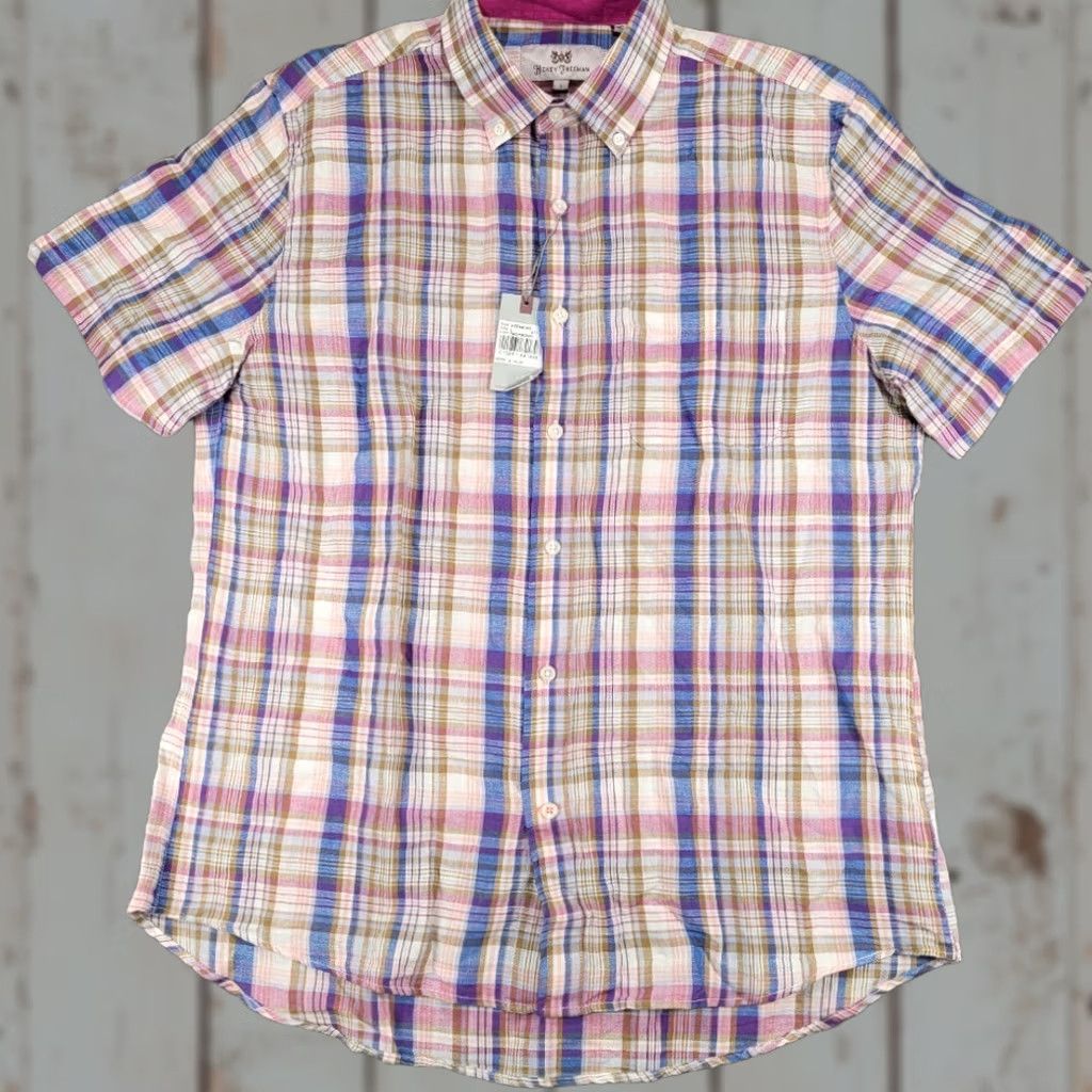 Vintage Hickey Freeman Raspberry Plaid Short Sleeve Button Up Shirt Lg New Mens Size US L / EU 52-54 / 3 - 1 Thumbnail