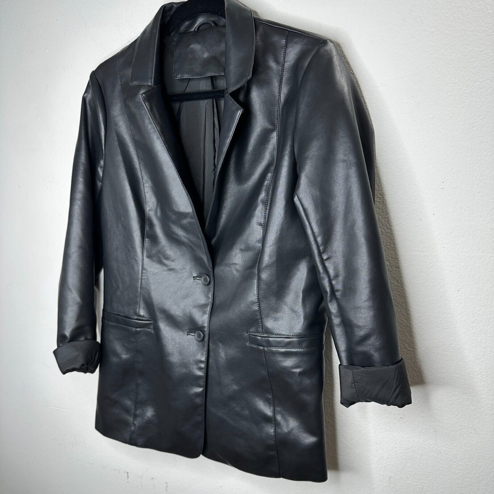 Other Black Leatherette Narrow Lapel Button Sleeve Blazer M Size M / US 6-8 / IT 42-44 - 2 Thumbnail