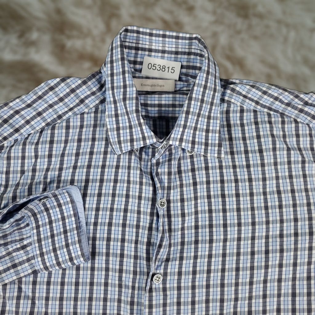 Ermenegildo Zegna Ermenegildo Zegna Blue Plaid Button-Up Shirt Men’s XL Long Sleeve Casual Modern Size US XL / EU 56 / 4 - 1 Thumbnail