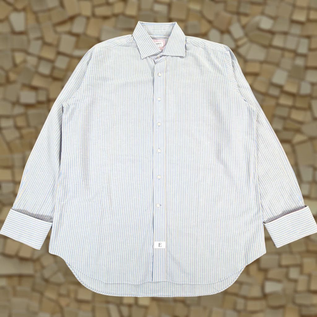 Emmett Emmett London Mens Shirt Blue 17 Linen Blend Striped Double Cuffs Button Up XS? No, XL Size US XL / EU 56 / 4 - 1 Thumbnail