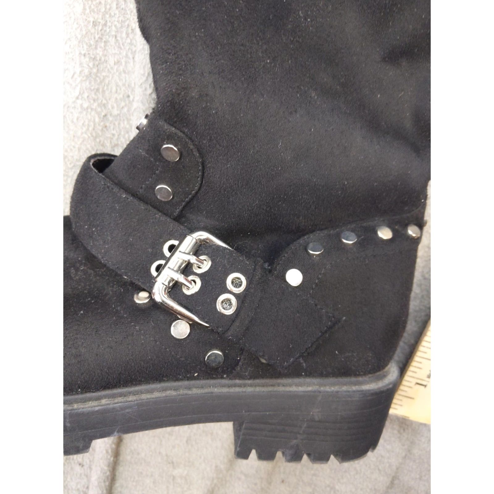 Venus Venus Womens Knee High Biker Boots Black Faux Suede Zip Studded Buckle 7.5 Europe 37.5 Size US 8 / IT 38 - 2 Thumbnail