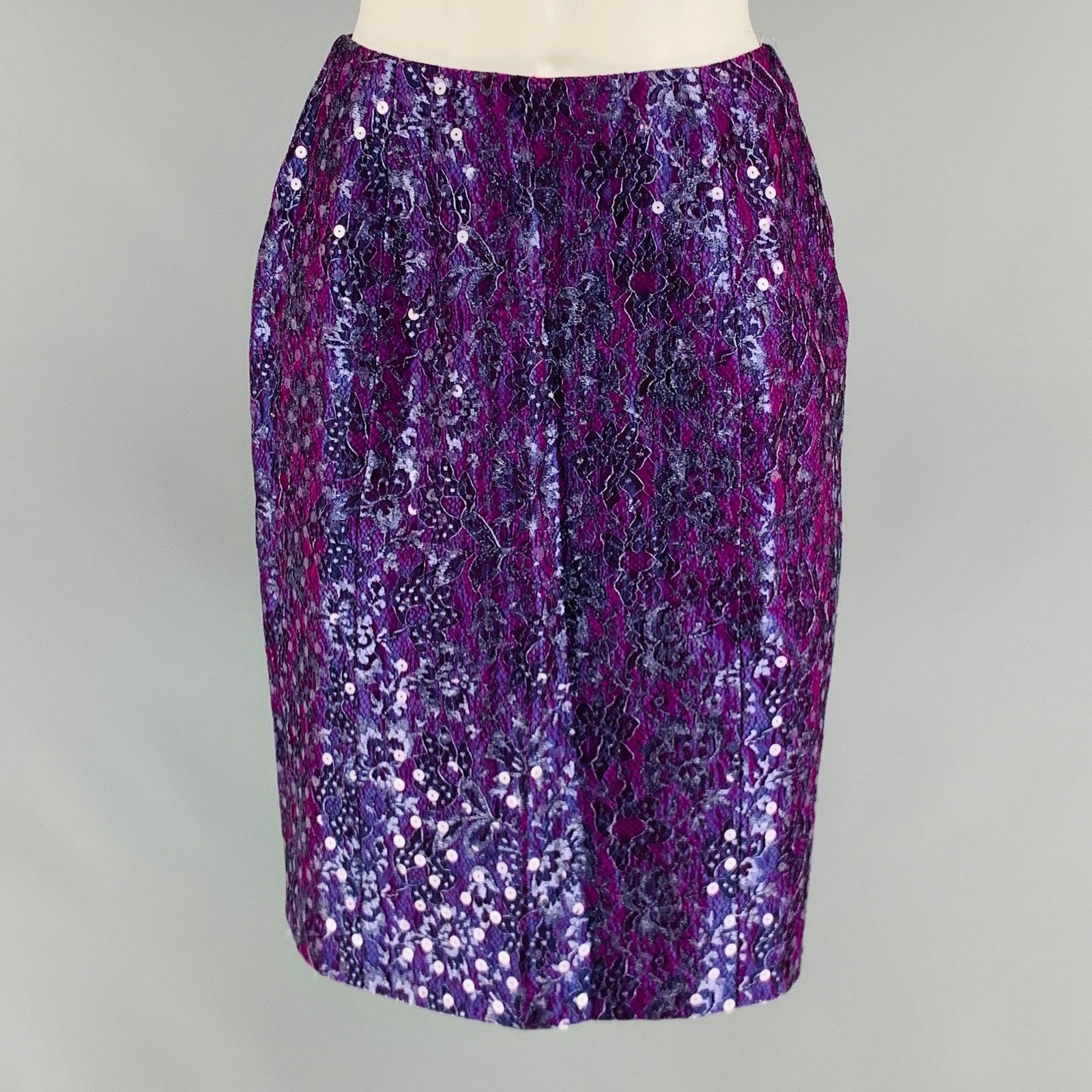 Geoffrey Beene GEOFFREY BEENE Size 6 Purple Silver Lace Below Knee Skirt Size 28" / US 6 / IT 42 - 1 Thumbnail