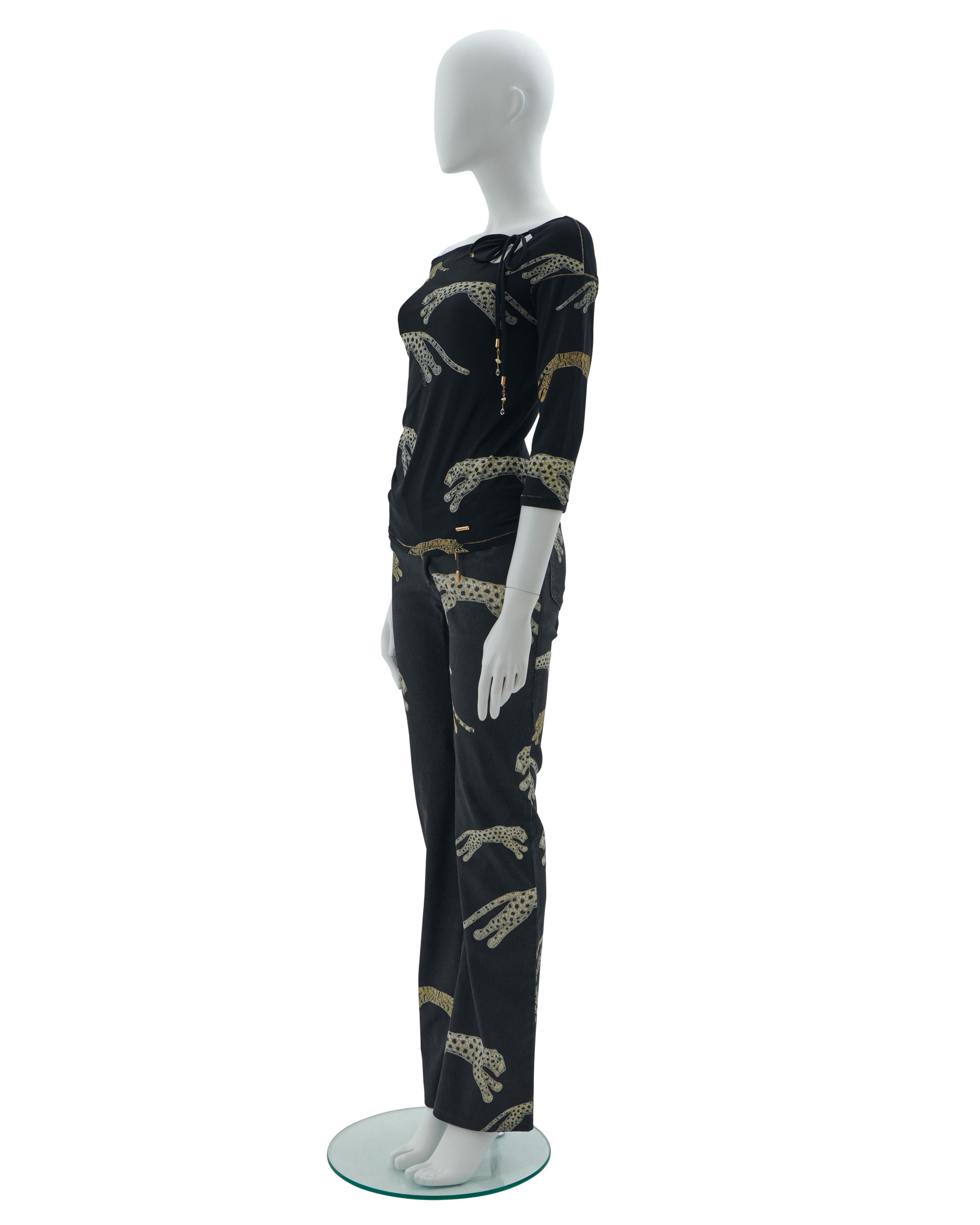 Roberto Cavalli F/W 2002 Black Leopard and tigers print top and pants set Size XS / US 0-2 / IT 36-38 - 2 Thumbnail