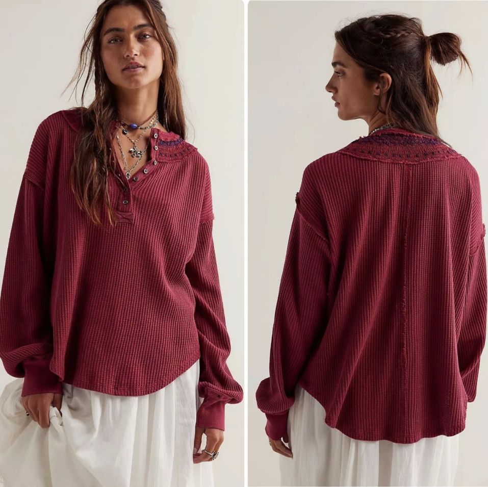 Free People Free People Holly Henley Tunic Thermal Embroidered Top Red S Size S / US 4 / IT 40 - 1 Thumbnail