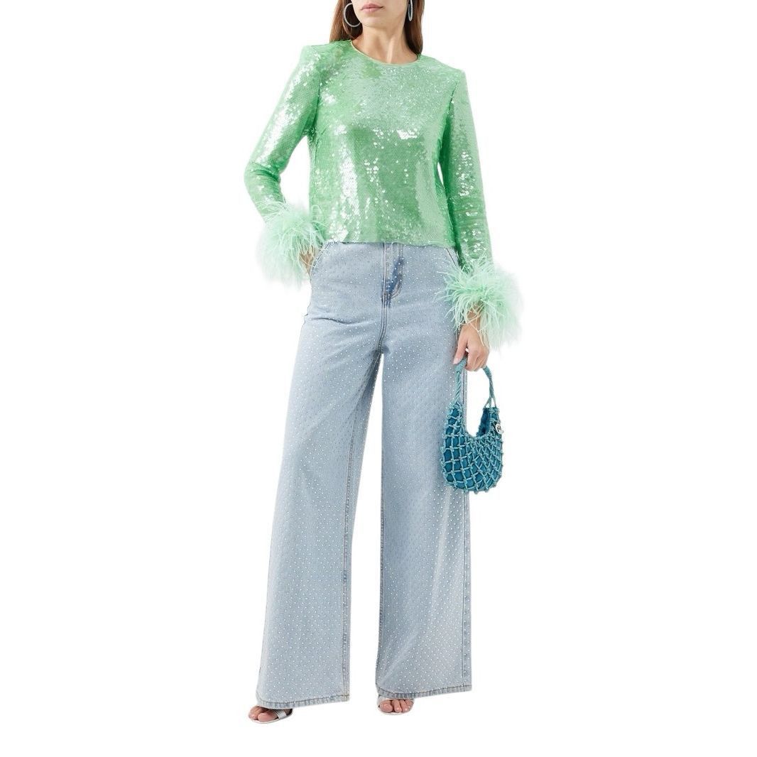 Self-Portrait NWT Self-Portrait Blue Rhinestone Wide-Leg Jeans Size 27 Size 27" / US 4 / IT 40 - 2 Thumbnail