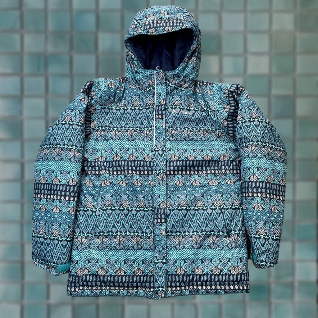 Vintage Columbia Girls Large Blue Geometric Aztec Puffer Jacket Hooded Full Zip Coat Size L / US 10 / IT 46 - 1 Thumbnail